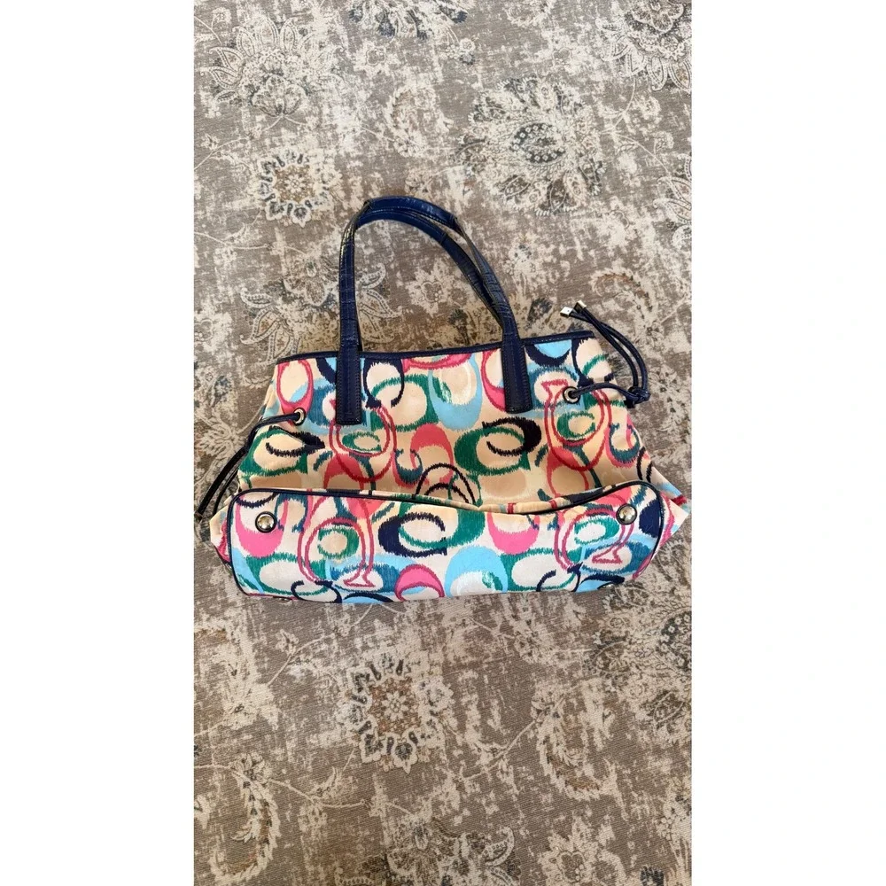 Coach Poppy Graffiti Print Tote Shoulder Bag Navy‎ Blue Leather Trim